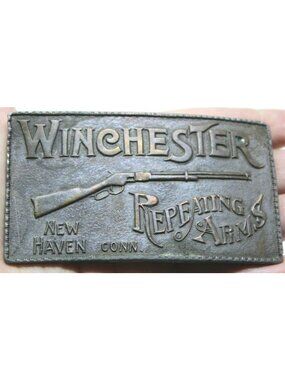 VTG Winchester Repeating Arms Belt Buckle Brass New Haven Conn Rifle #D-11